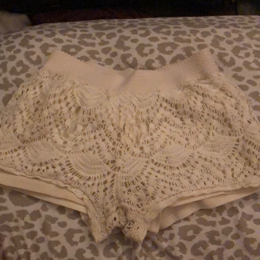 White lace shorts with under shorts.